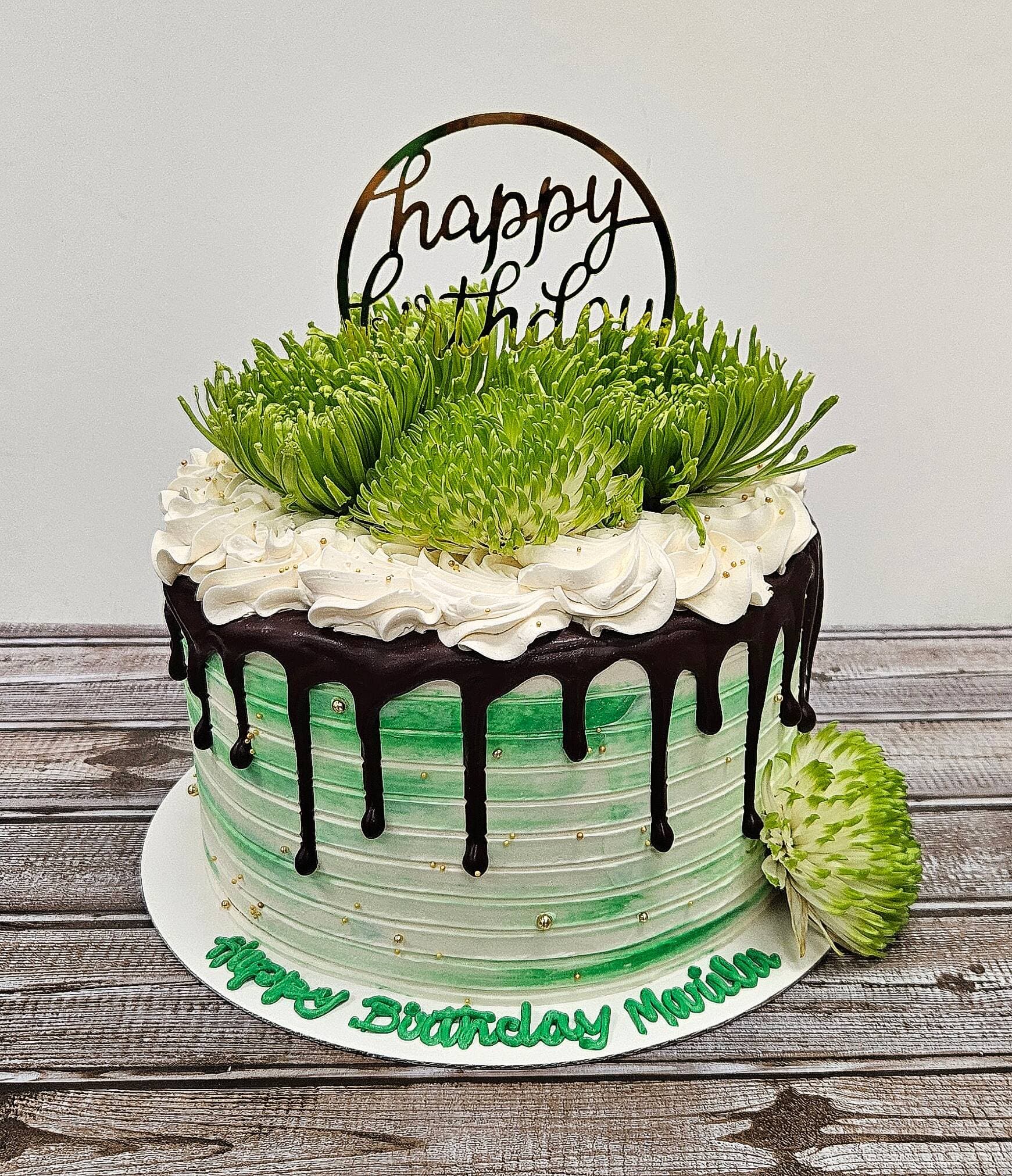 Grass top chocolate drip birthday cake