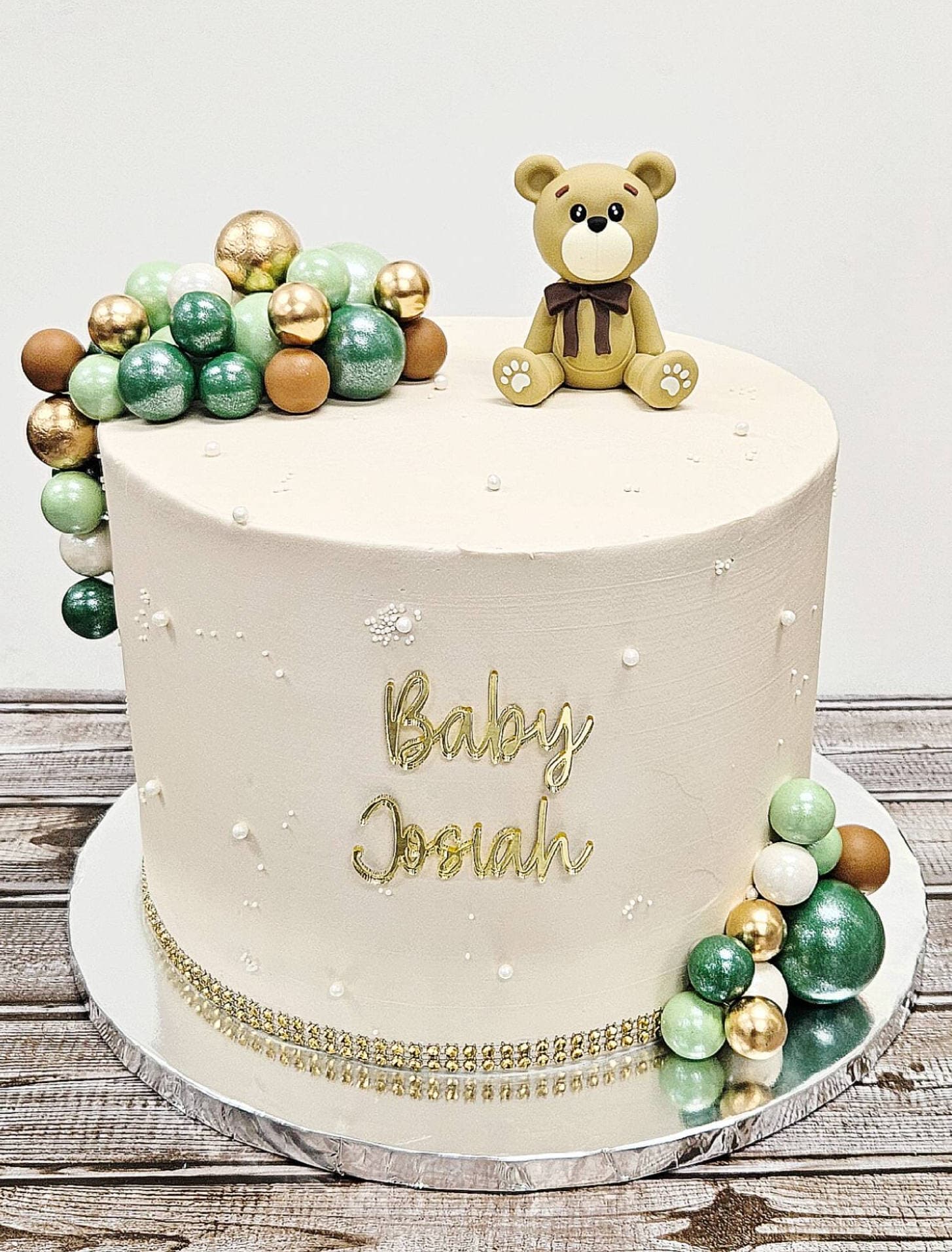 White and teal teddy bear baby shower cake